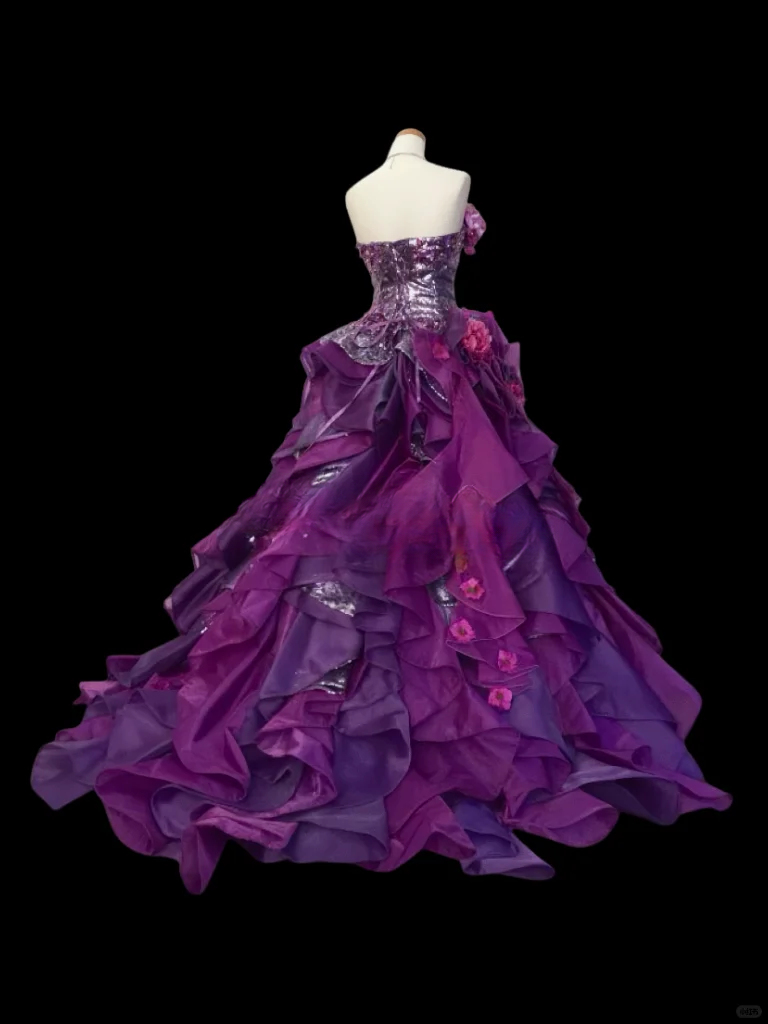 Glamorous Purple Sequined Strapless 3D Floral Applique Layered Ruffles Sweet 16 Quinceanera Ball Gown DP7277