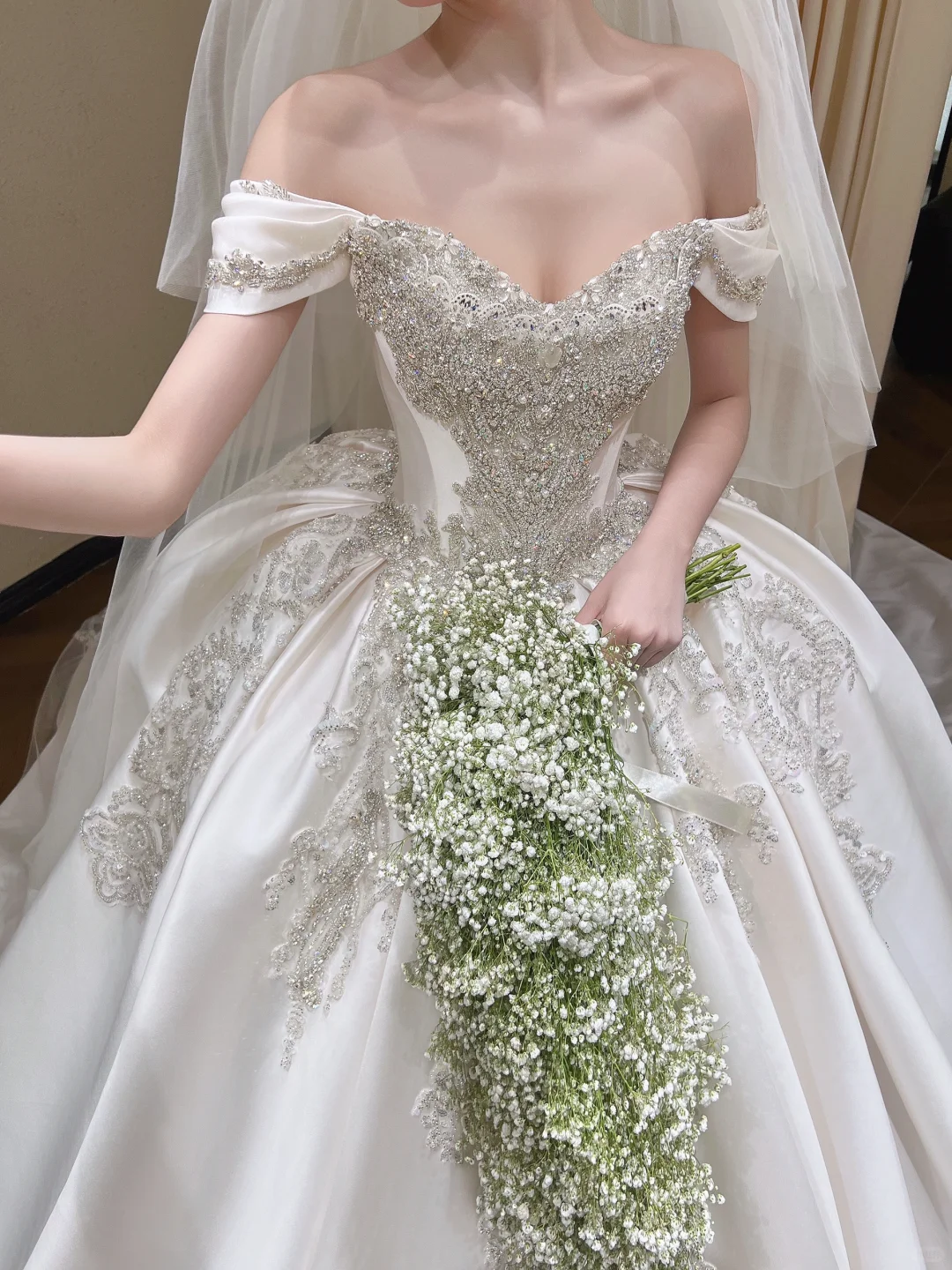 Glamorous Satin Beaded Off-Shoulder Wedding Dress A-Line Applique Bridal Gown DP7124