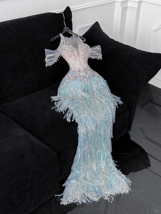 Robe de soirée sirène bleu clair brillante à paillettes et perles DP6224