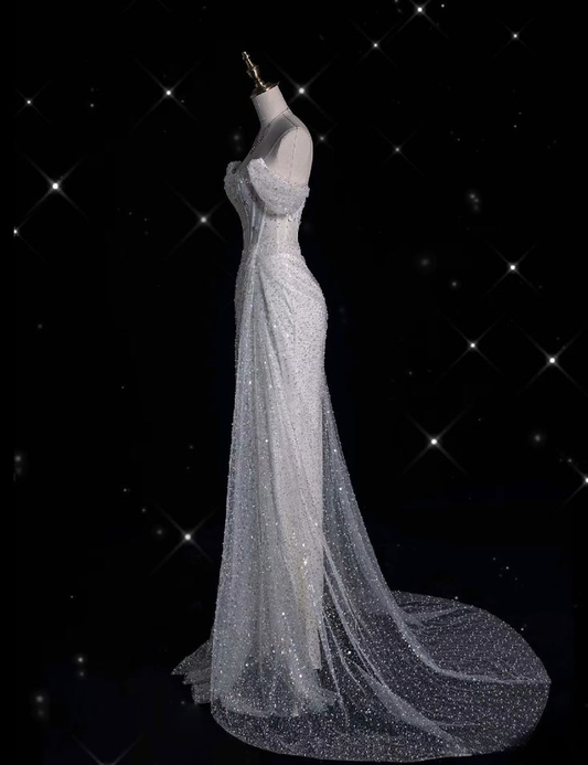 Robe de mariée sirène blanche longue à épaules dénudées et sequins, DP3655