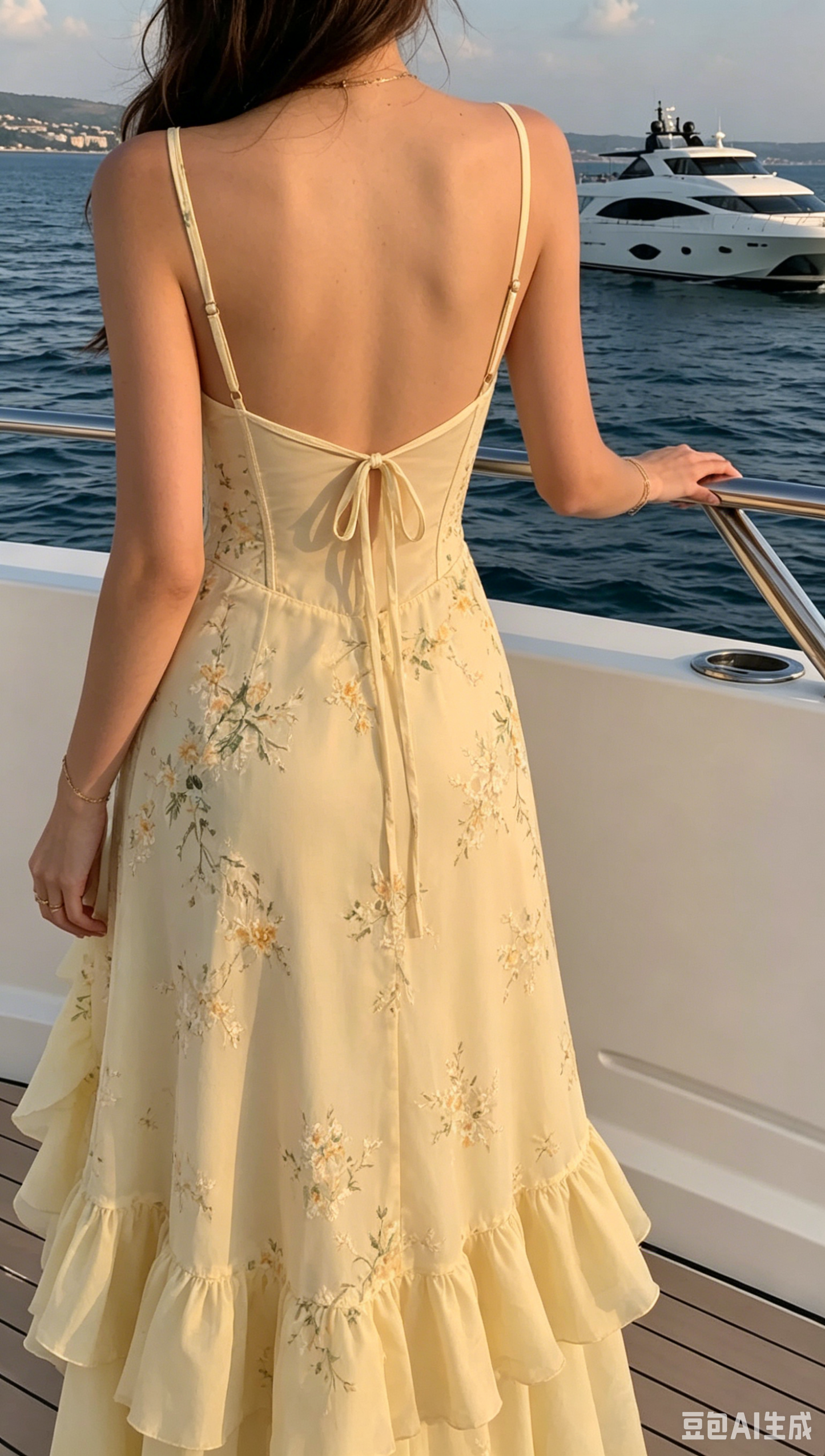 Elegant Pale Yellow Spaghetti Strap Embroidery Ruffle Evening Gown DP8472