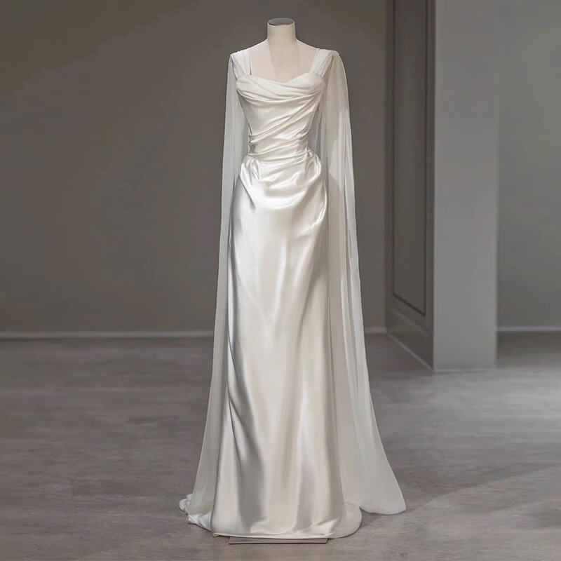 White Satin Pleats Straps Wedding Dress Elegant Party Dress, DP2827