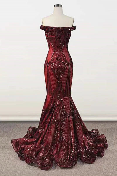 Vintage Burgundy Off-the-shoulder Prom Dress Mermaid Beaded Strapless Evening Dress Long Formal Dress DP6712