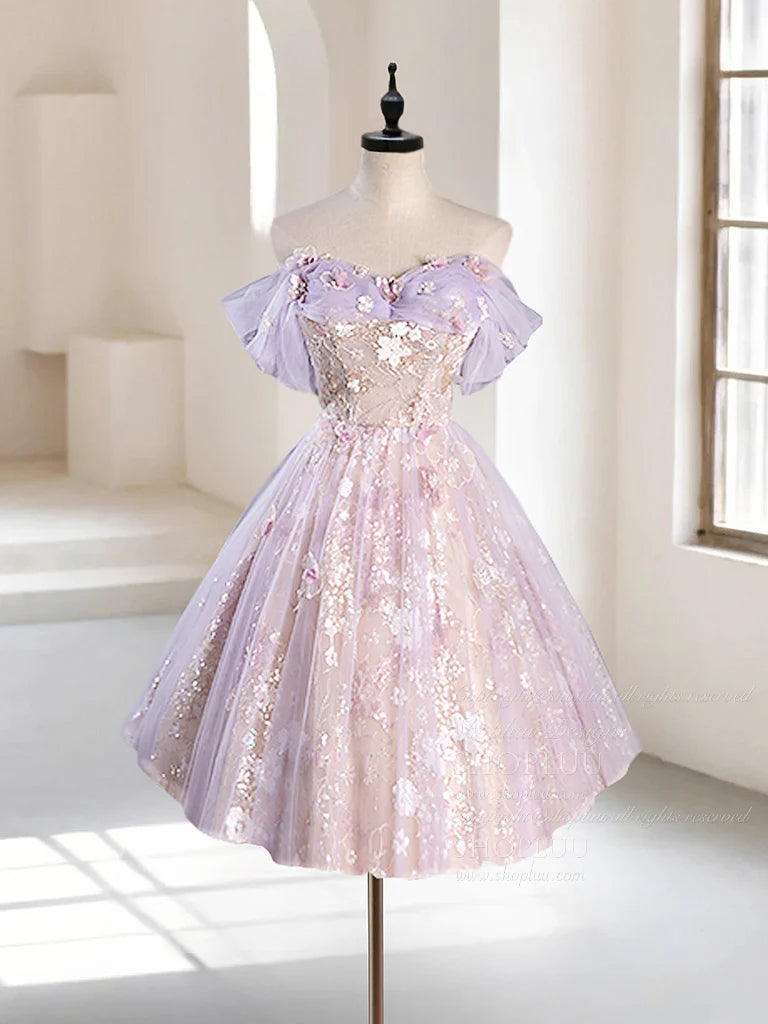 Robe de soirée trapèze en tulle violet clair, vintage, avec appliques florales et perles, épaules dénudées, DP6076