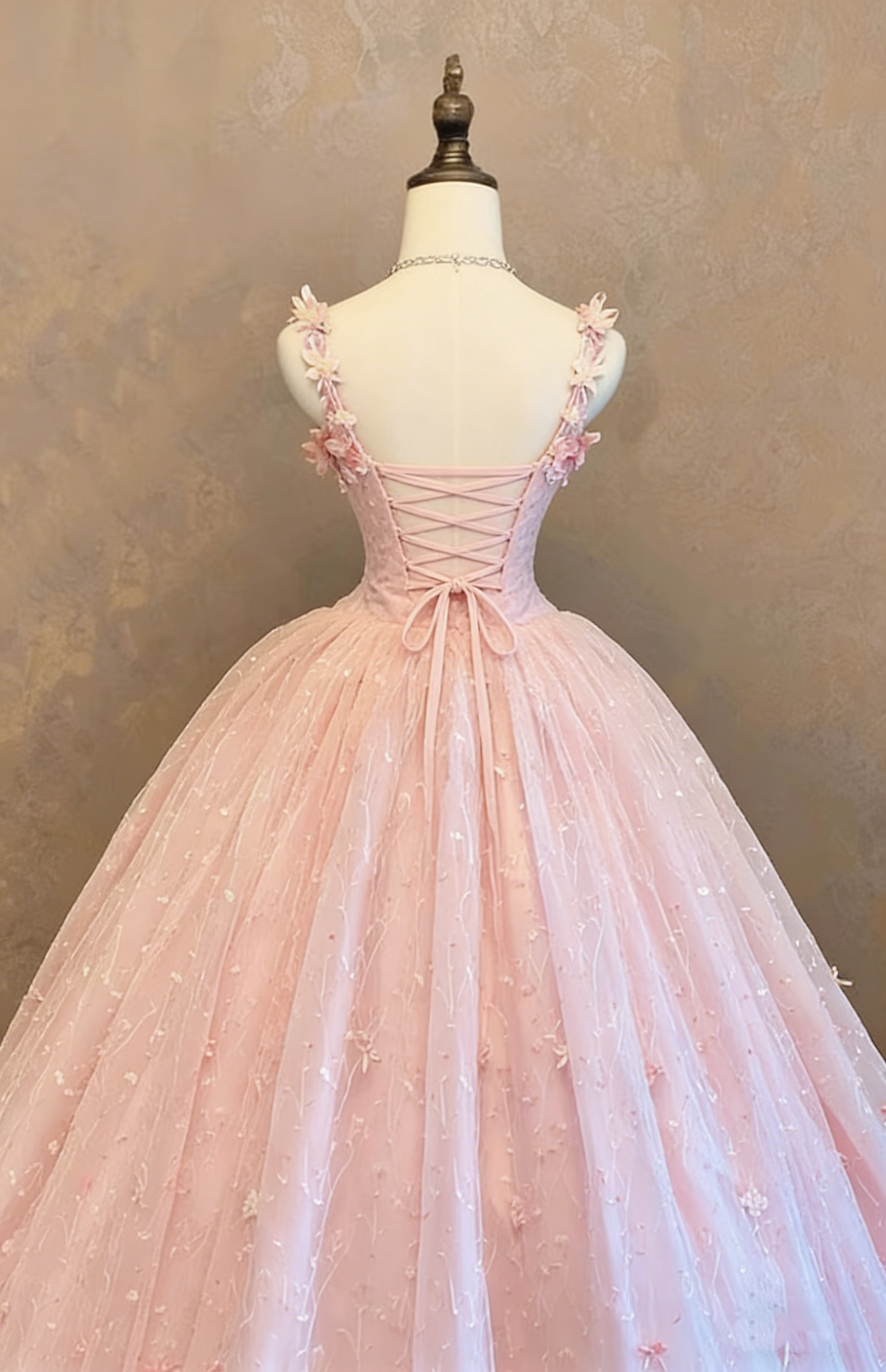 Elegant Pink Floral Applique Tulle Sweet 15 Quinceanera Ball Gown DP8056