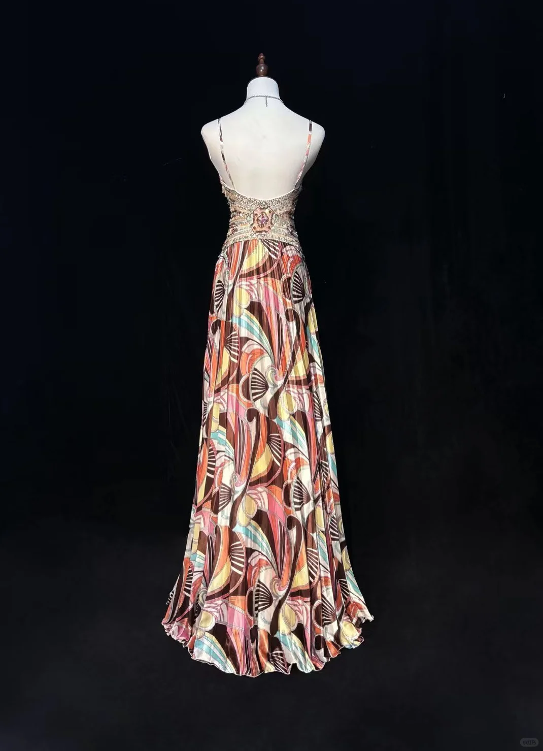 Vintage-Inspired Retro Print Spaghetti Strap Sweetheart Sheath Maxi Prom Dress DP7281