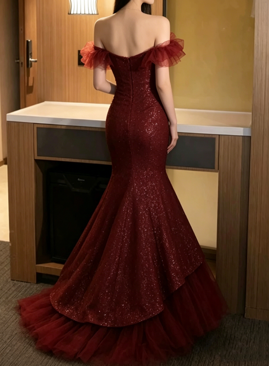 Elegant Burgundy Glitter Off-the-Shoulder Ruffle Tulle Mermaid Tiered Tulle Evening Gown DP8574