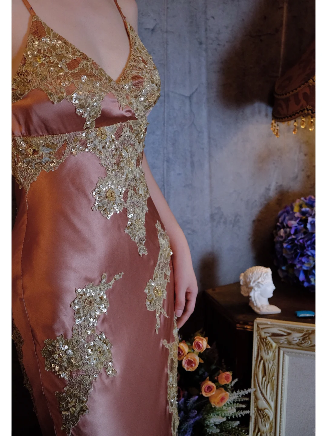 Vintage Champagne Sparkling Beaded Spaghetti Strap Design Elegant Satin Evening Dress Prom Dress DP6050