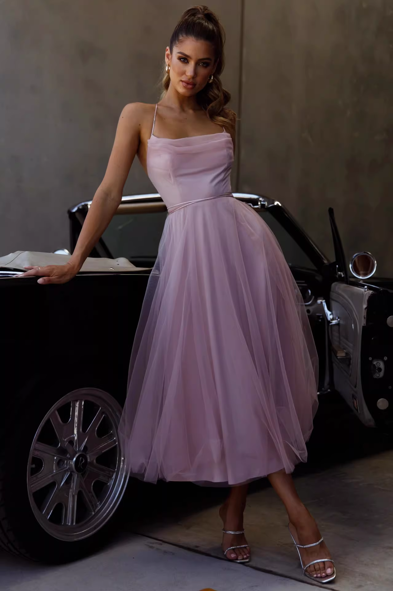 Elegant Pink Tulle Cowl Neck Spaghetti Strap Mid A-Line Evening Dress DP8154