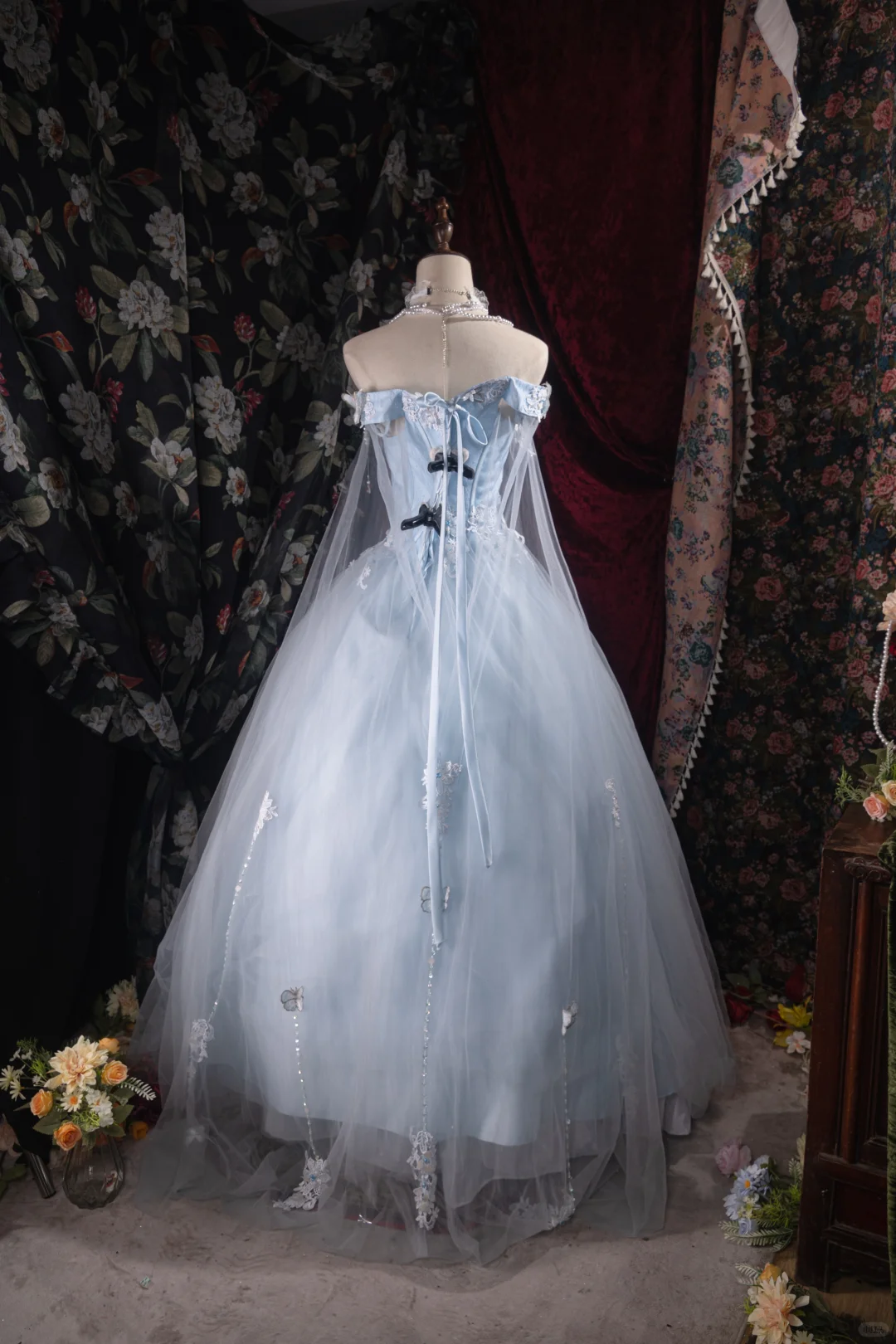 Romantic Light Blue Tulle Off-Shoulder Lace Butterfly Sweet 16 Quinceanera Ball Gown DP7405