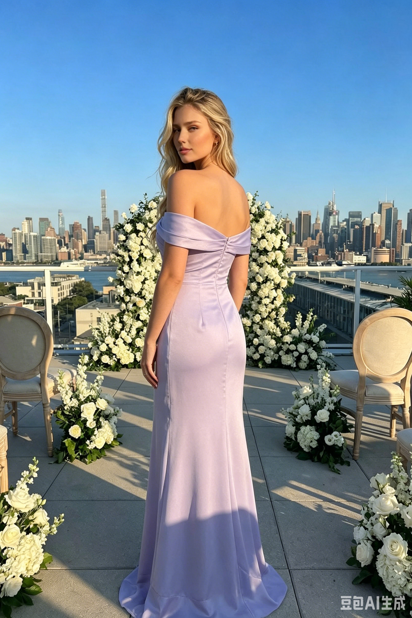 Elegant Lavender Off-the-Shoulder Satin Sheath Ruffle Slit Evening Gown Prom Dress DP8463