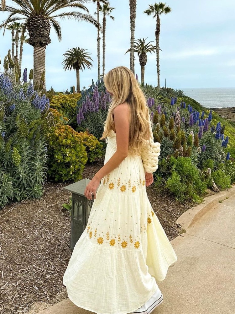 Light Yellow A-Line Halter Backless Embroidery Long Party Dress Trip Dress,DP1937