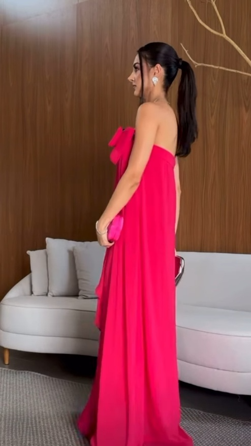 Hot Pink Strapless A-Line Cute Bowknot Long Party Dress Wedding Guest Dress, DP3443