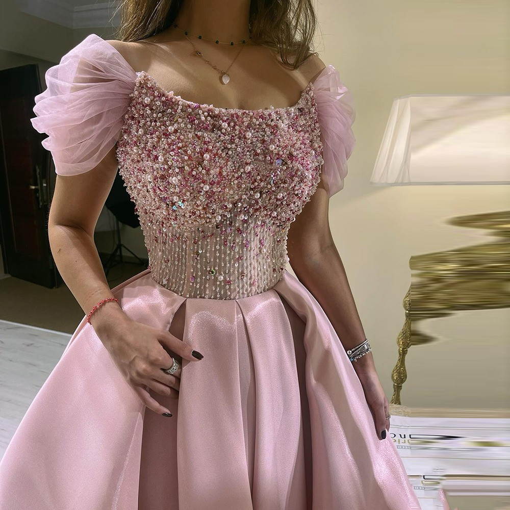 Pink Off Shoulder Beading Midi Length Evening Party Dress with Cape,DP1139