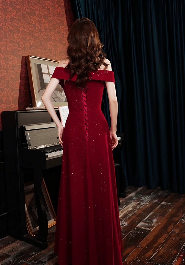 Elegant Burgundy Off-the-Shoulder Sparkly Long Evening Dress A-Line Floor Length Prom Dress DP8827