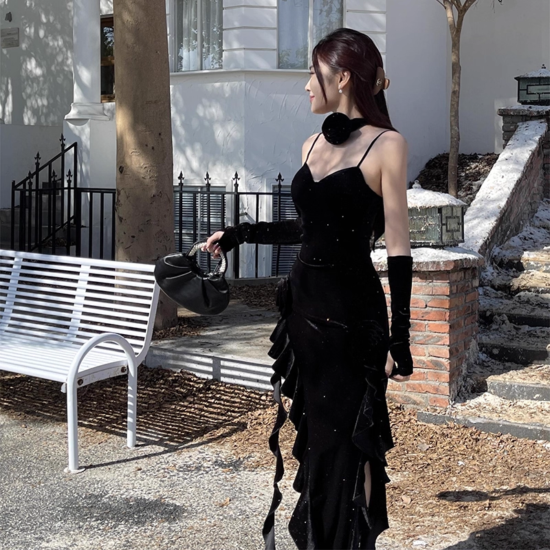 Vintage Glitzernde Pailletten Liebsten Spaghetti Strap Rüschen High Slit Ballkleid Abendkleid DP6407