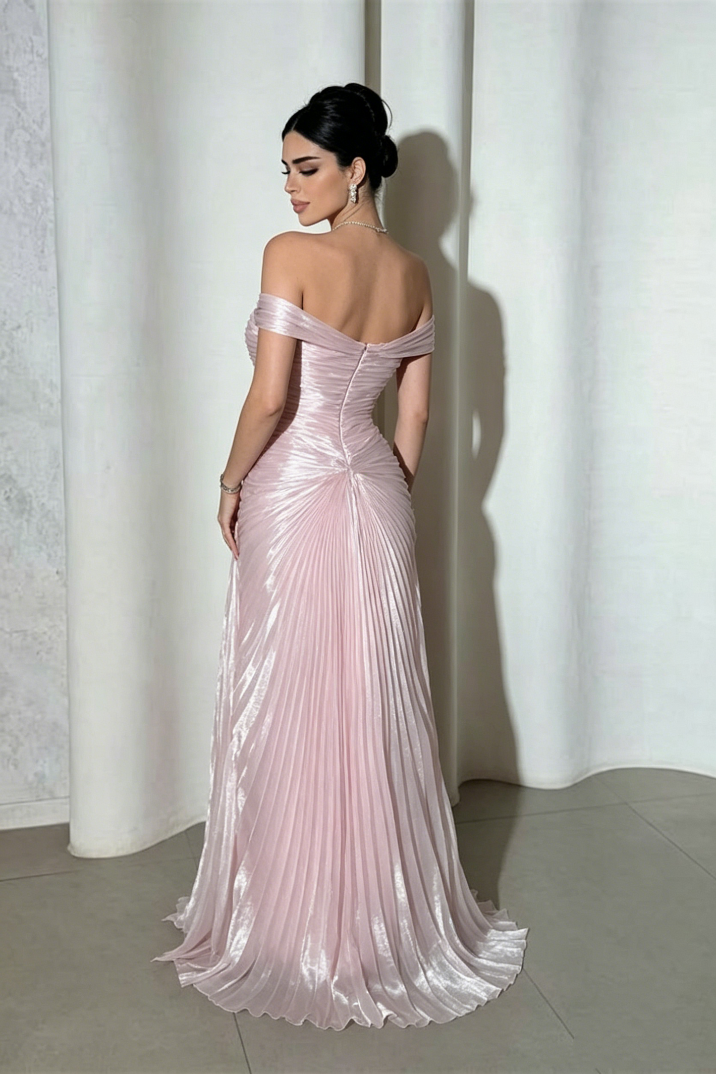 Glamorous Pink Off-the-Shoulder Mermaid Prom Dress Pleated Satin Formal Evening Gown DP8415