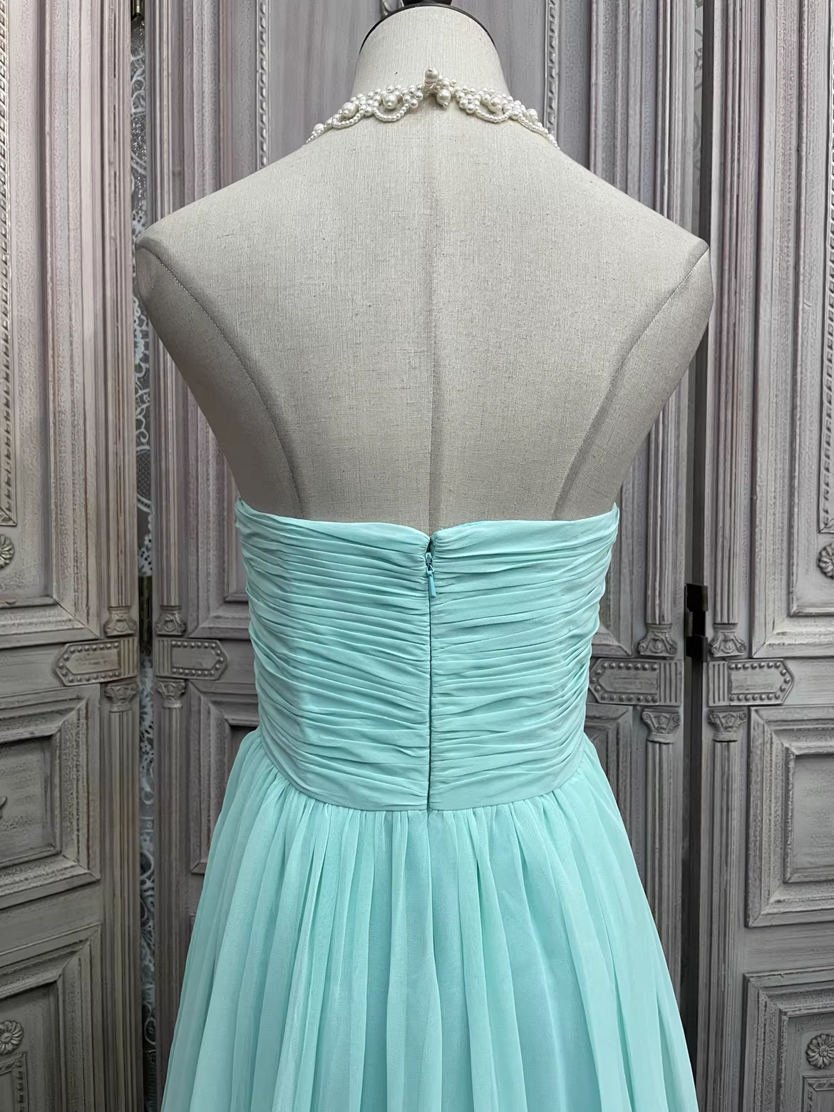 Vintage mintgrünes trägerloses Chiffon-Abendkleid in A-Linie mit Herzausschnitt und Raffungen, formelles Ballkleid DP7596