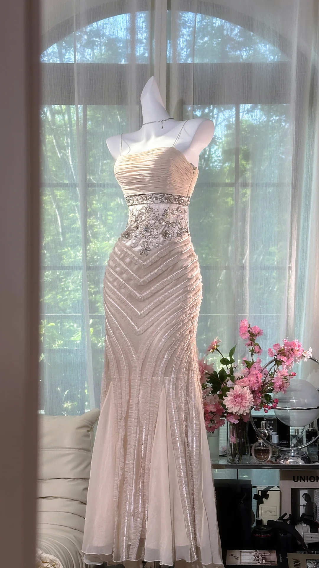 Gorgeous Pink Embroidery Spaghetti Strap Mermaid Chiffon Prom Dress Evening Dress DP6309