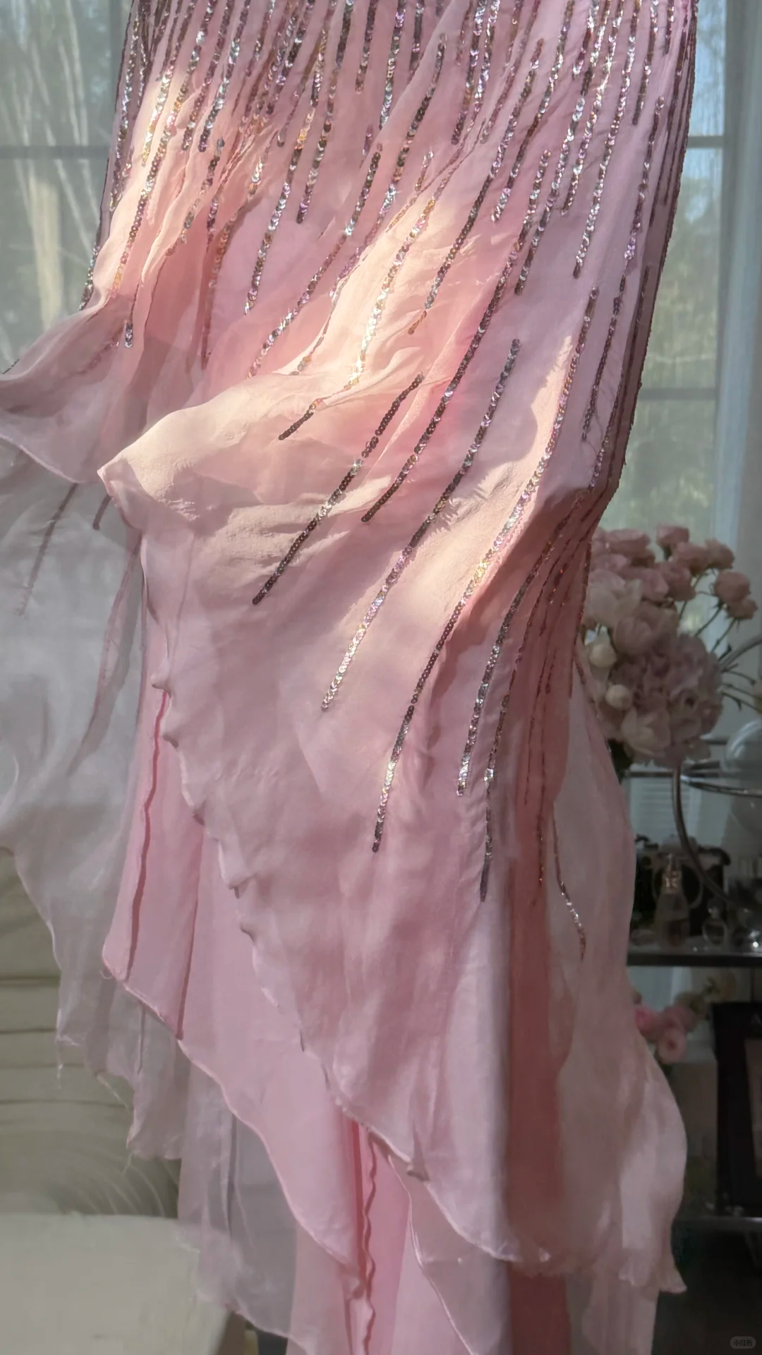 Elegant Pink Strapless Sequin Mermaid Ruffled Tulle Evening Dress Prom Dress DP8118