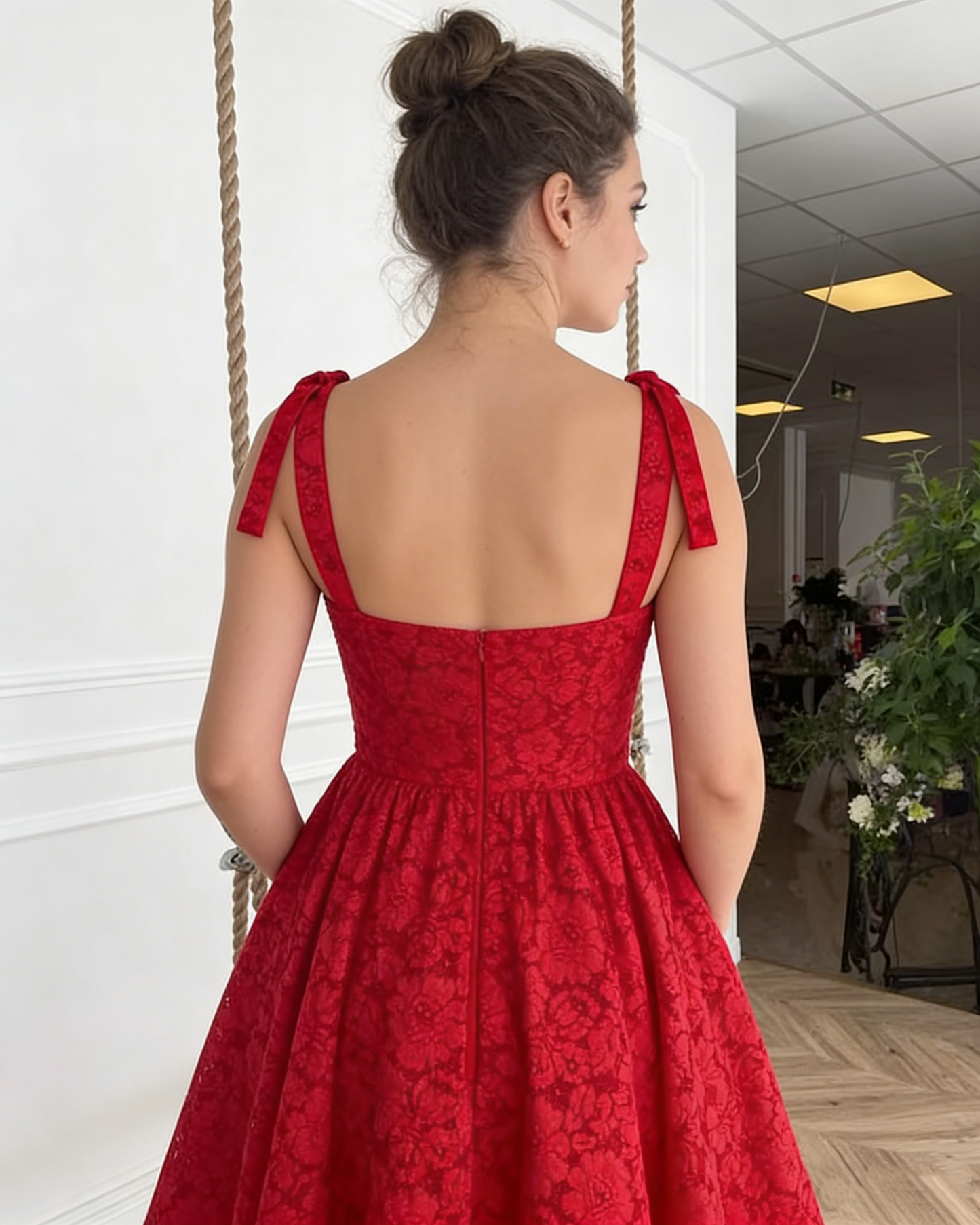 Glamorous Red Lace Tie Shoulder Sweetheart A-Line Midi Prom Dress Formal Evening Gown DP8209