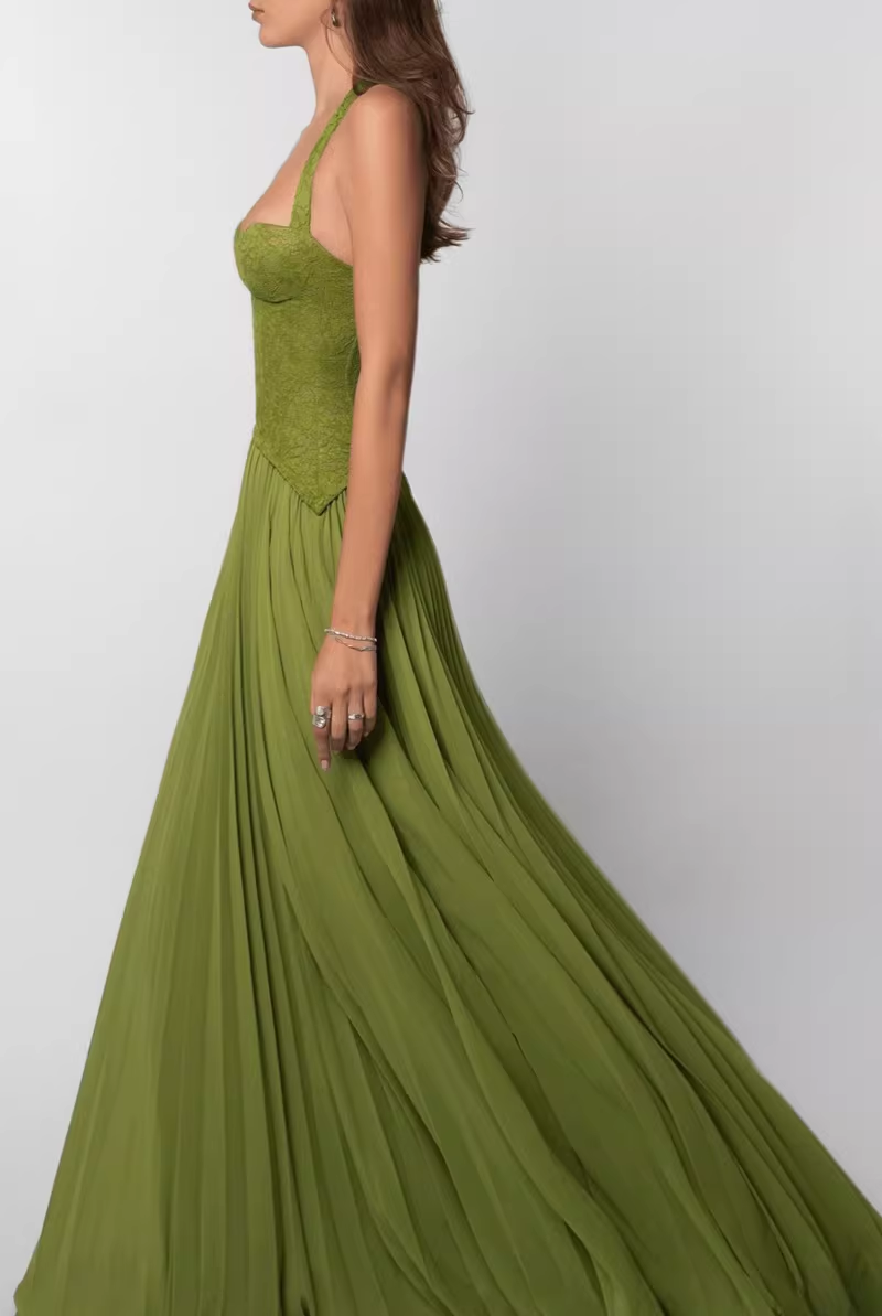 Elegant Olive Green Halter-Neck Lace Corset Pleated Chiffon Maxi Formal Evening Gown DP8233
