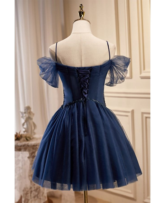 Elegant Navy Blue Off-the-Shoulder Tulle Pearl Beaded A-Line Homecoming Dress DP8702