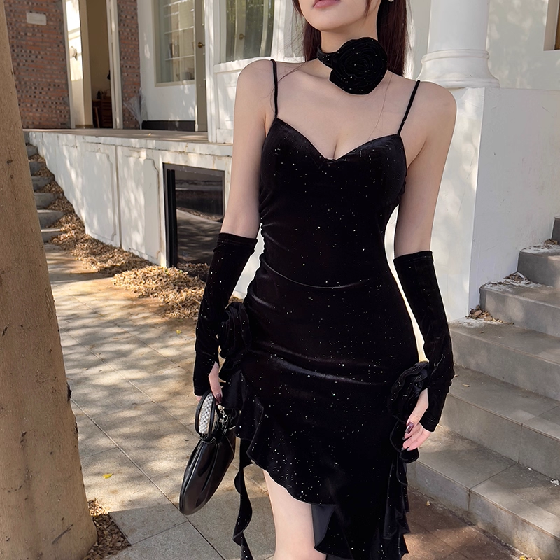 Vintage Glitzernde Pailletten Liebsten Spaghetti Strap Rüschen High Slit Ballkleid Abendkleid DP6407