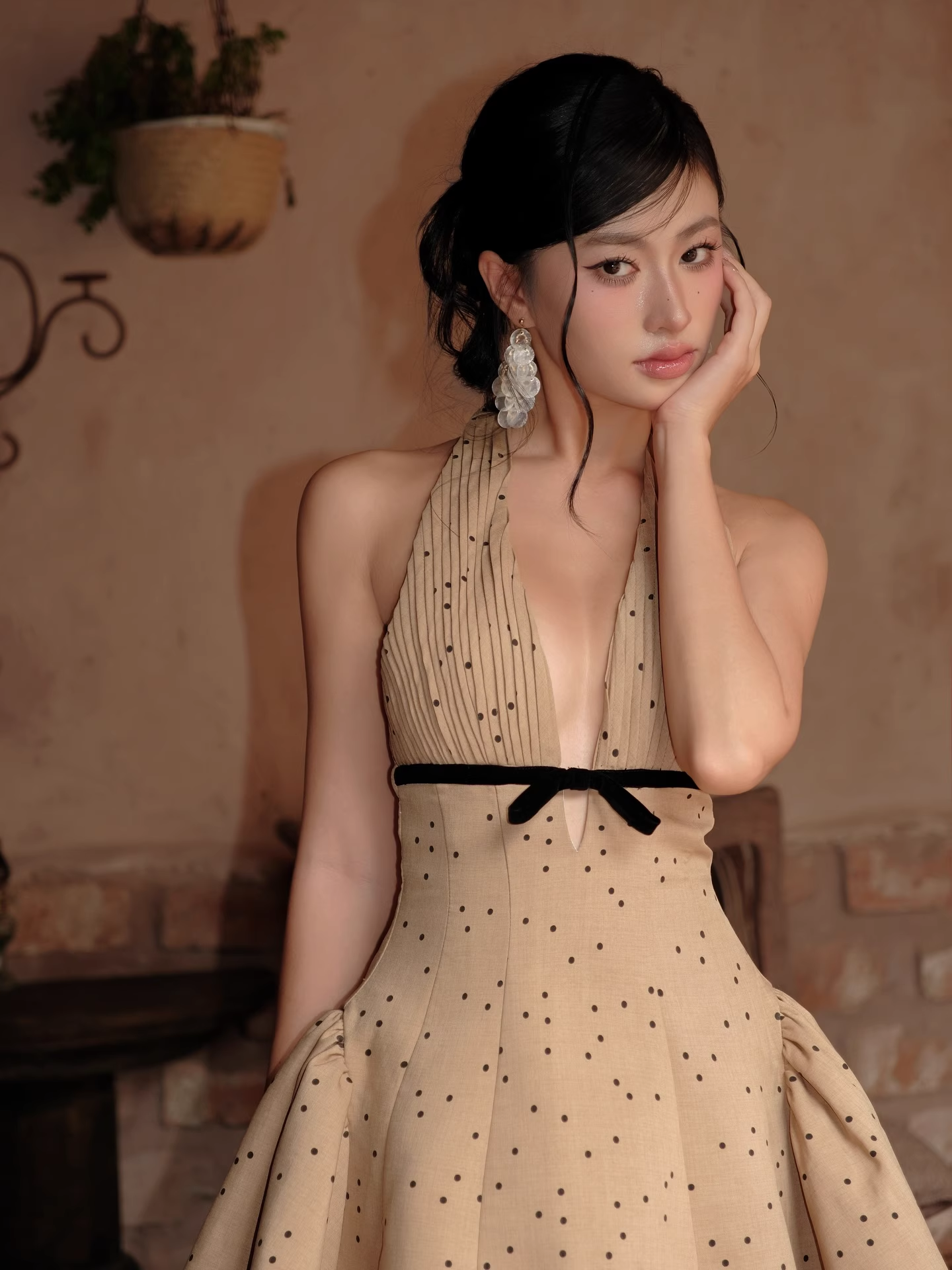 Vintage Khaki Polka Dot A-Line Homecoming Dress Halter-neck Party Dress Short Cocktail Dress, DP6615