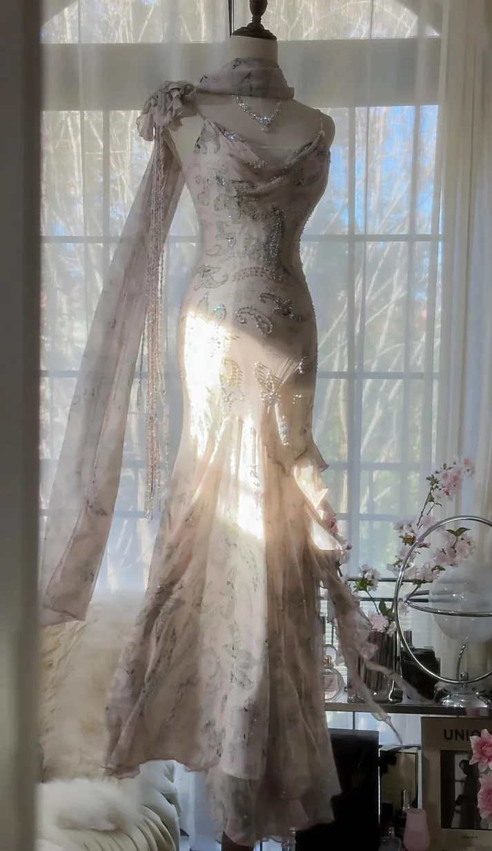 Light Sage Straps Mermaid Beading Chiffon Long Party Dress Birthday Dress, DP4972