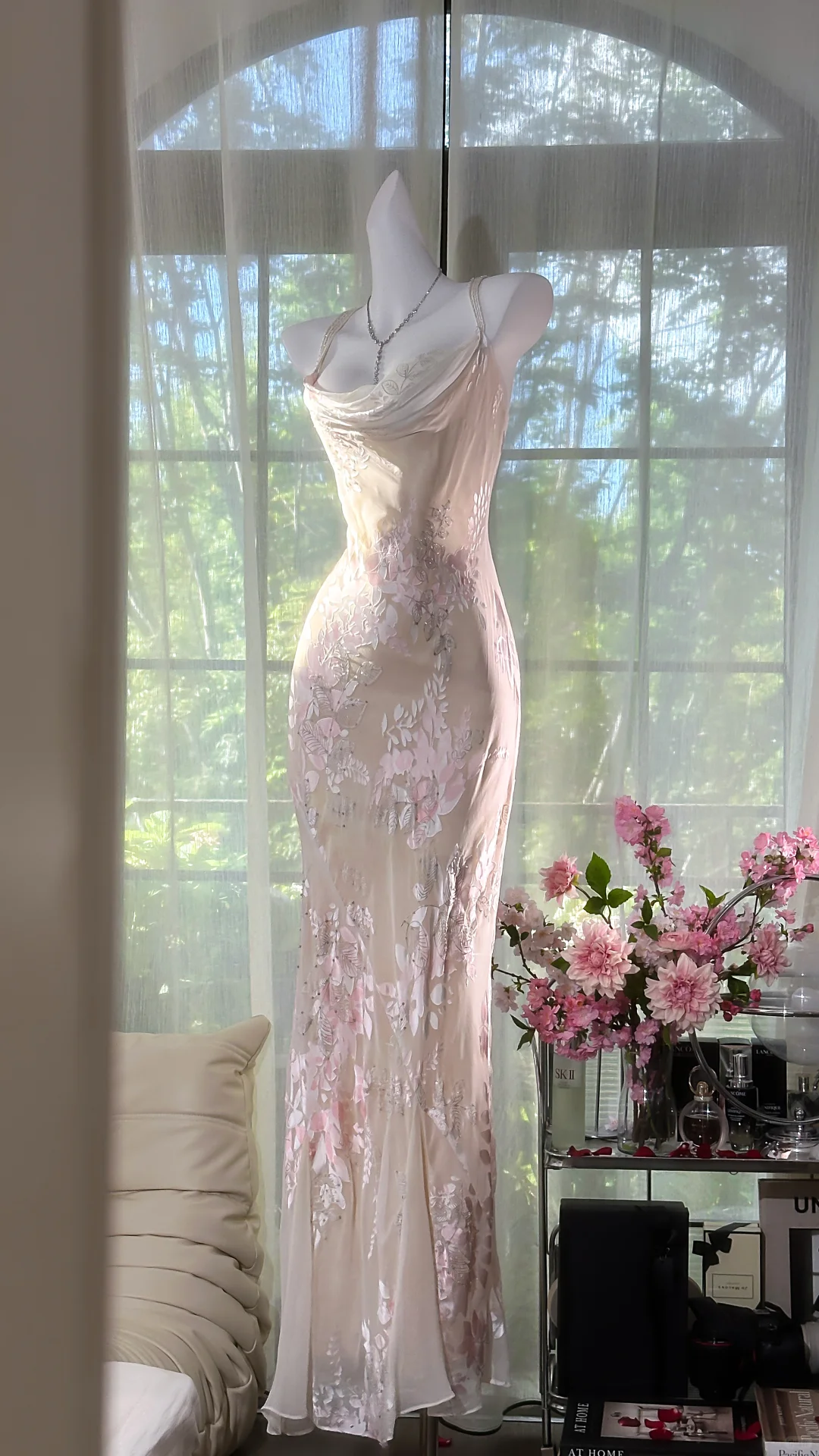 Elegant Light Pink Floral Applique Romantic Chiffon Evening Dress Prom Dresses DP6144