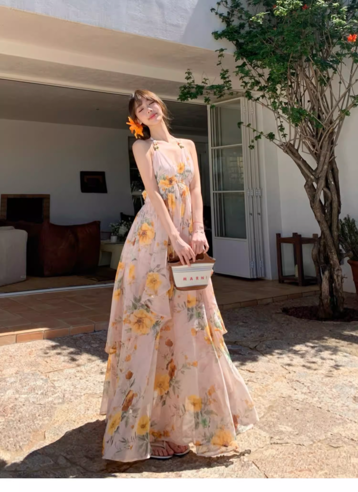 Robe trapèze sans manches à col en V et motif floral, élégante, idéale pour les vacances à la plage, DP6257
