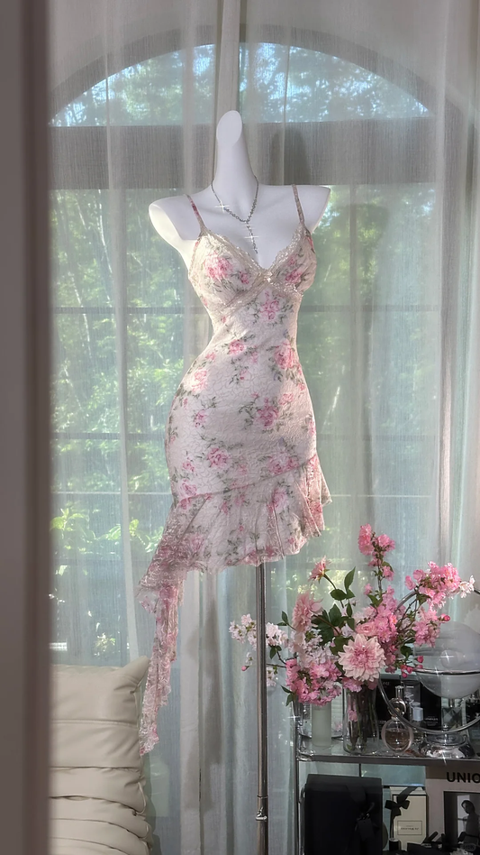 Cute Pink Floral Lace Spaghetti Strap V-Neck Homecoming Dress Party Dress DP8122