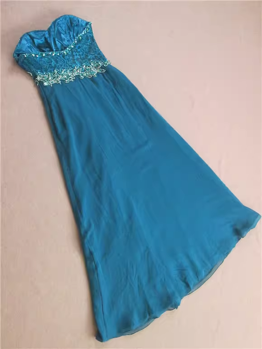 Elegant Teal Strapless Evening Gown Sequin Bodice Chiffon Prom Dress DP7617