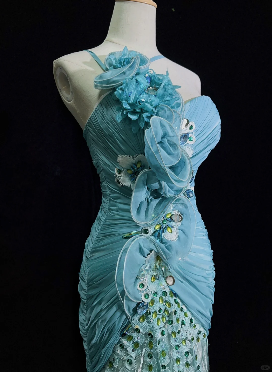 Glamorous Turquoise Strapless Mermaid Evening Gown with 3D Floral Applique Sequin Lace Train Prom Dress DP7288