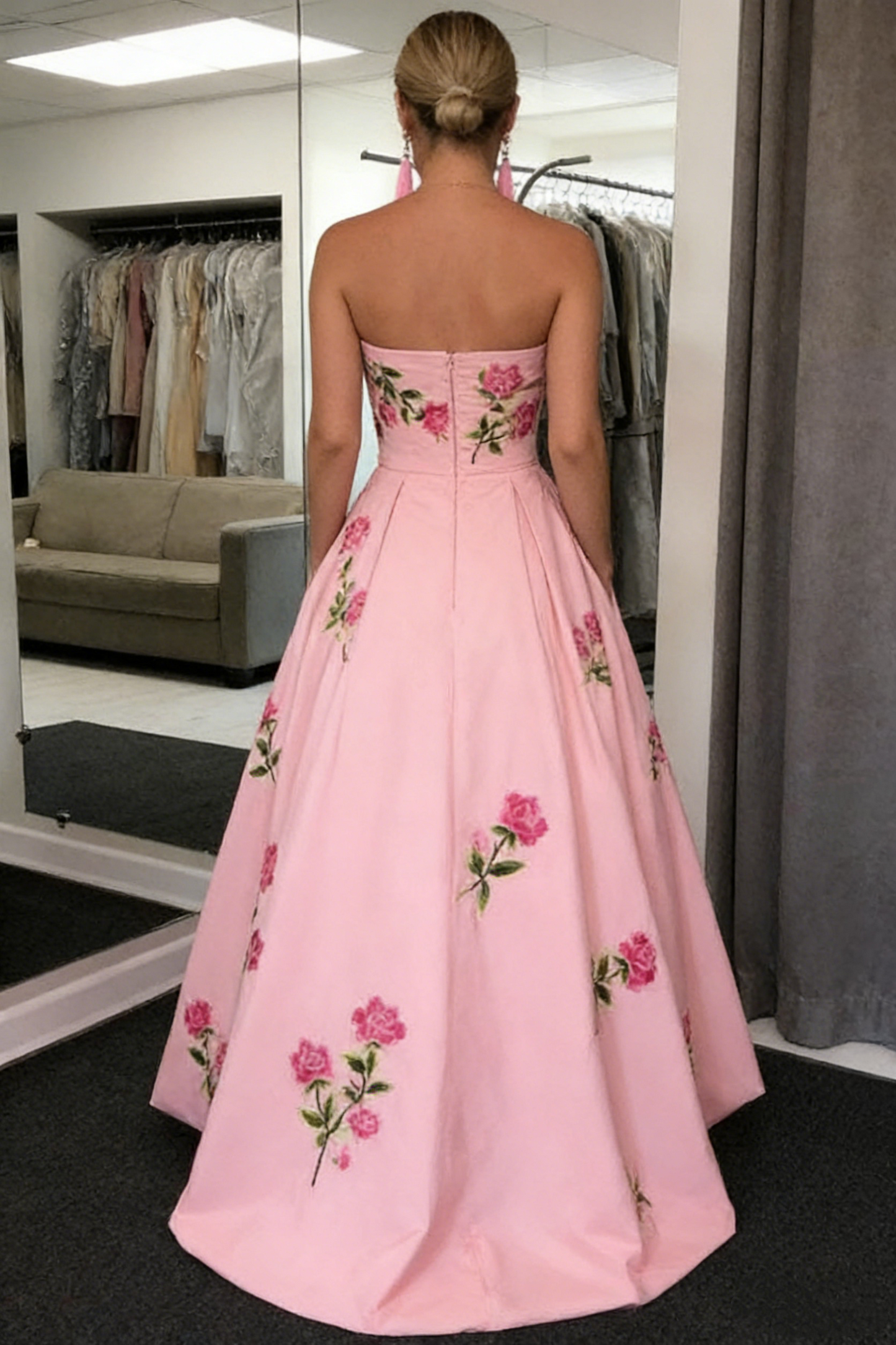 Elegant Strapless Floral Embroidered Formal Evening Gown with Pockets DS4581