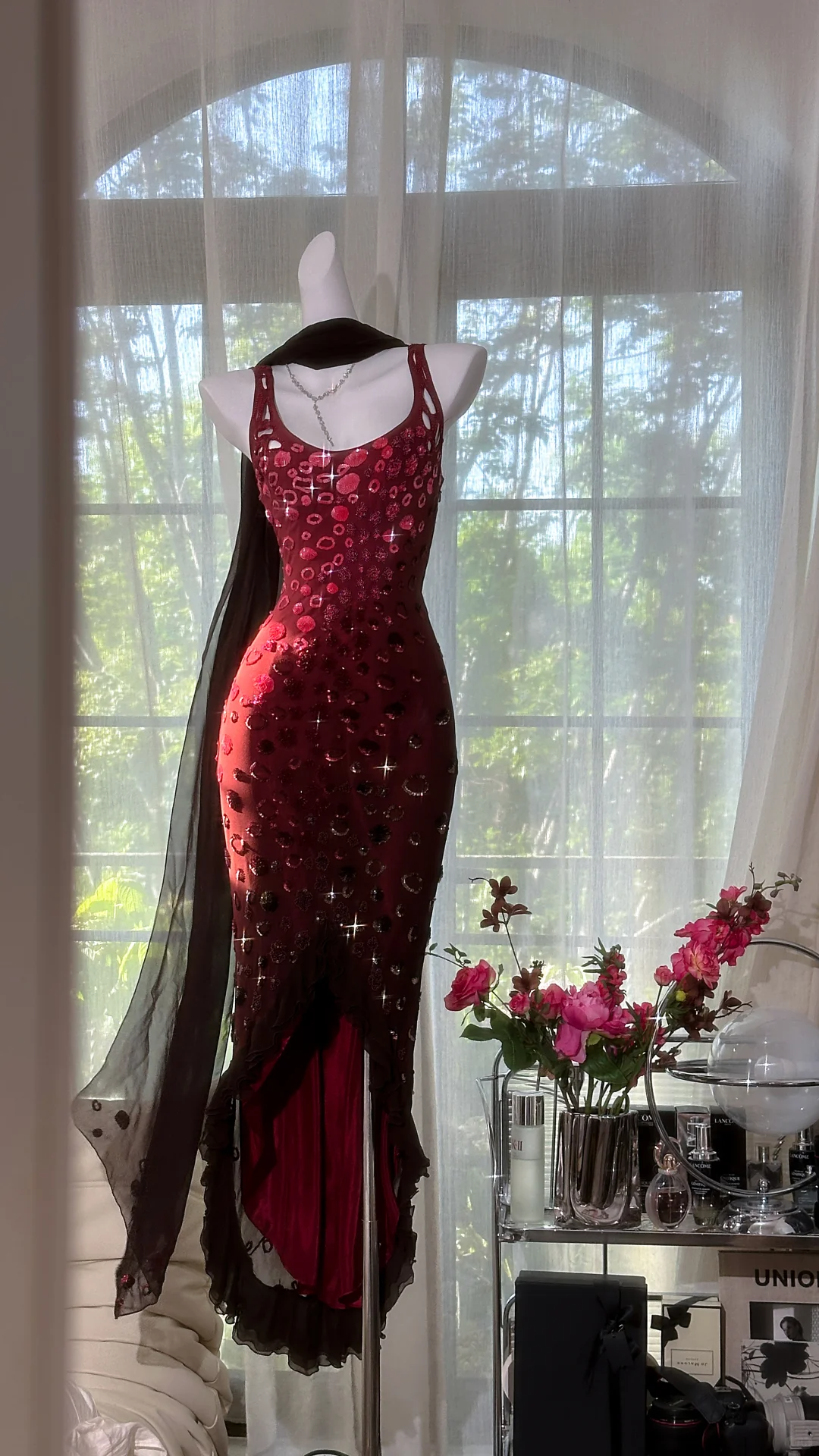 Vintage Shiny Beaded Burgundy Mermaid Prom Dress Evening Dress DP6356