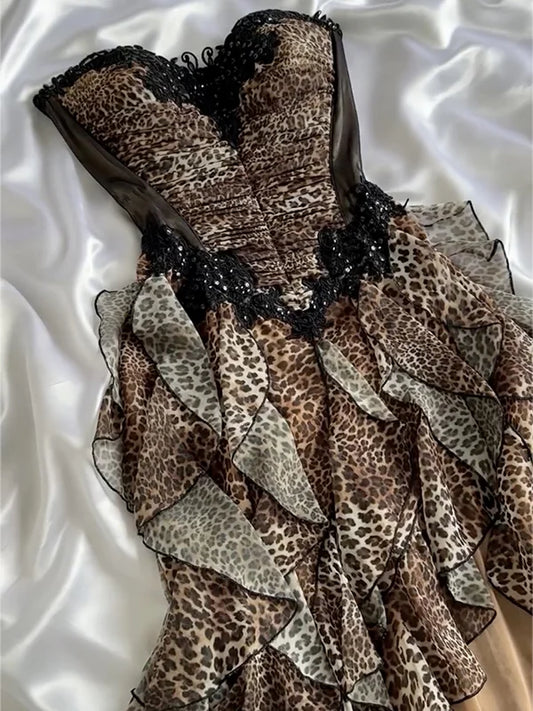 Vintage Leopard Print Strapless Ruffled Homecoming Dress Party Dress Cocktail Dress DP6666