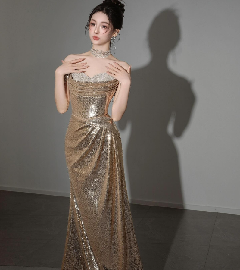 Robe de soirée longue style sirène à paillettes, épaules dénudées, couleur champagne doré, DP5512