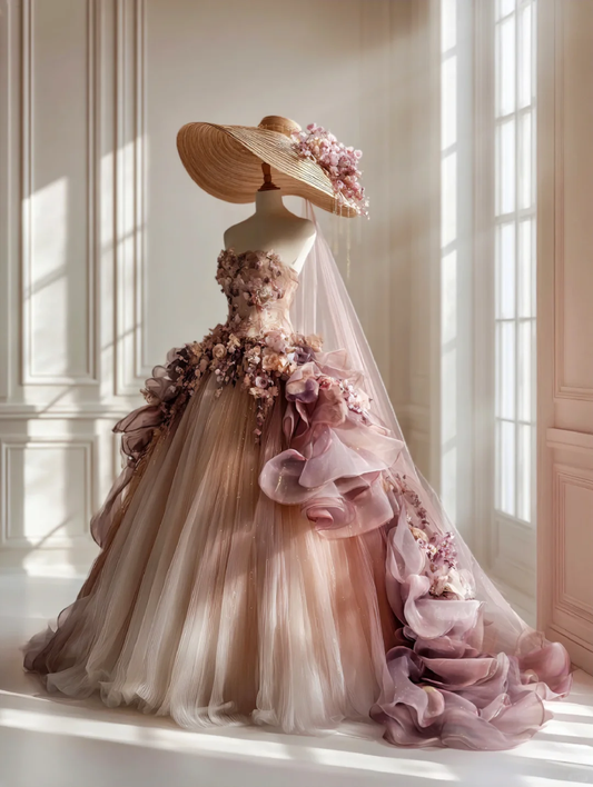 Wunderschönes trägerloses Ballkleid aus Rüschentüll mit 3D-Blumenapplikationen für Sweet 15, Quinceañera, DP7391