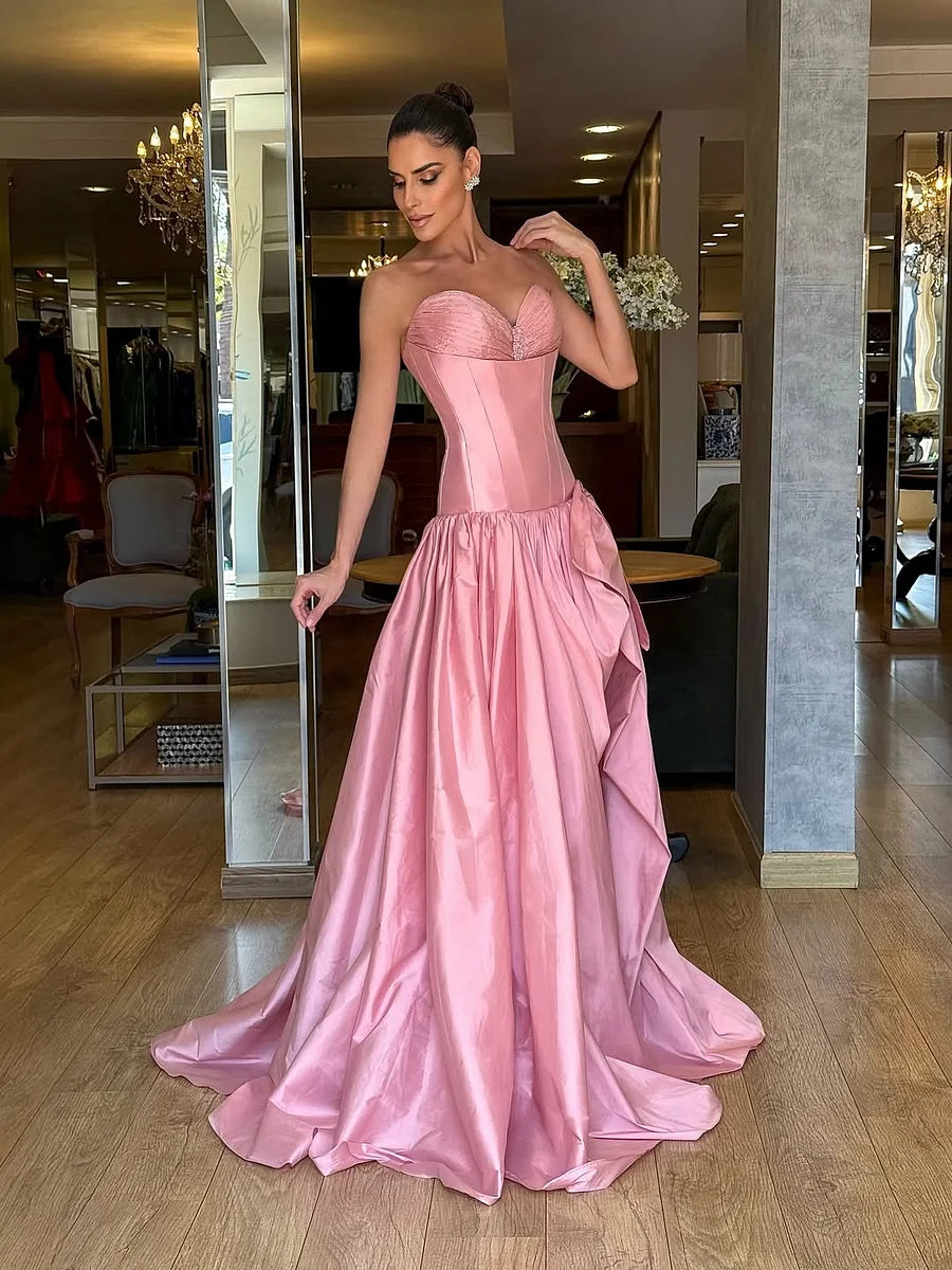 Rosa trägerloses Satin-Korsett-Ballkleid mit hohem Schlitz und Schleifendetail DP8228