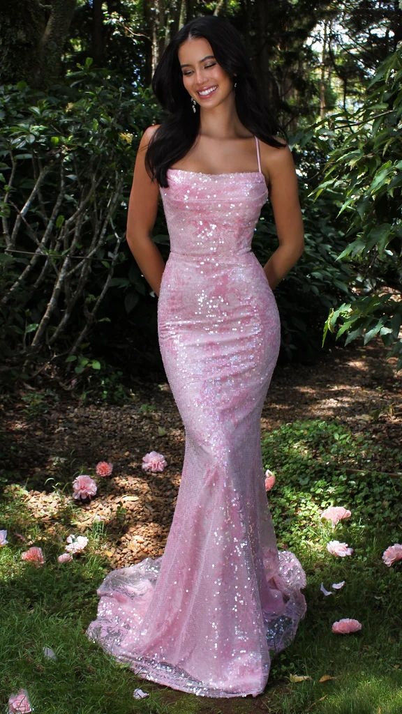 Elegantes rosa Pailletten Meerjungfrau Abendkleid Spaghettiträger Ballkleid DP8230