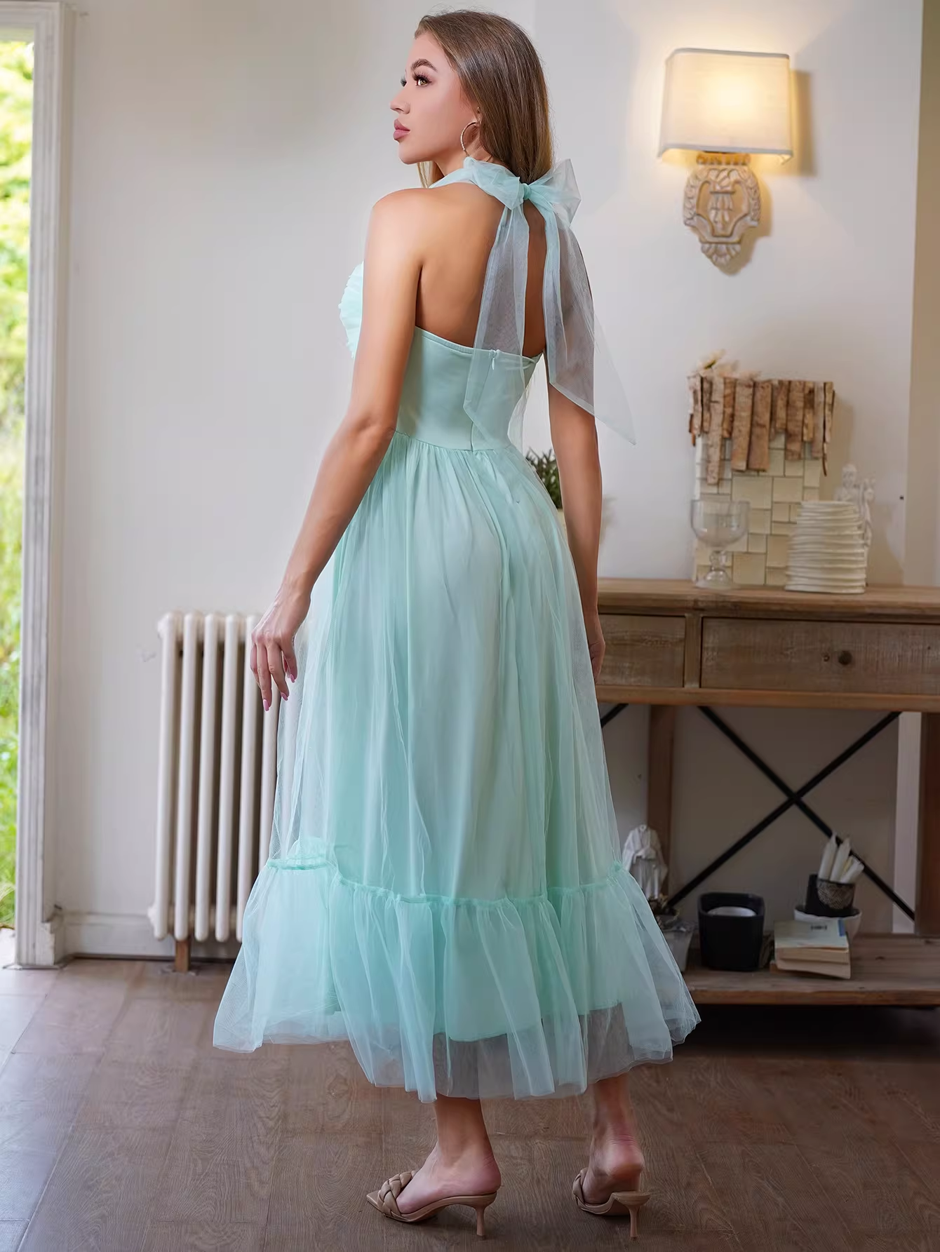 Elegant Sweetheart Halter Neck Tulle Ruffled Hem Cocktail Dress Evening Dress DP8074