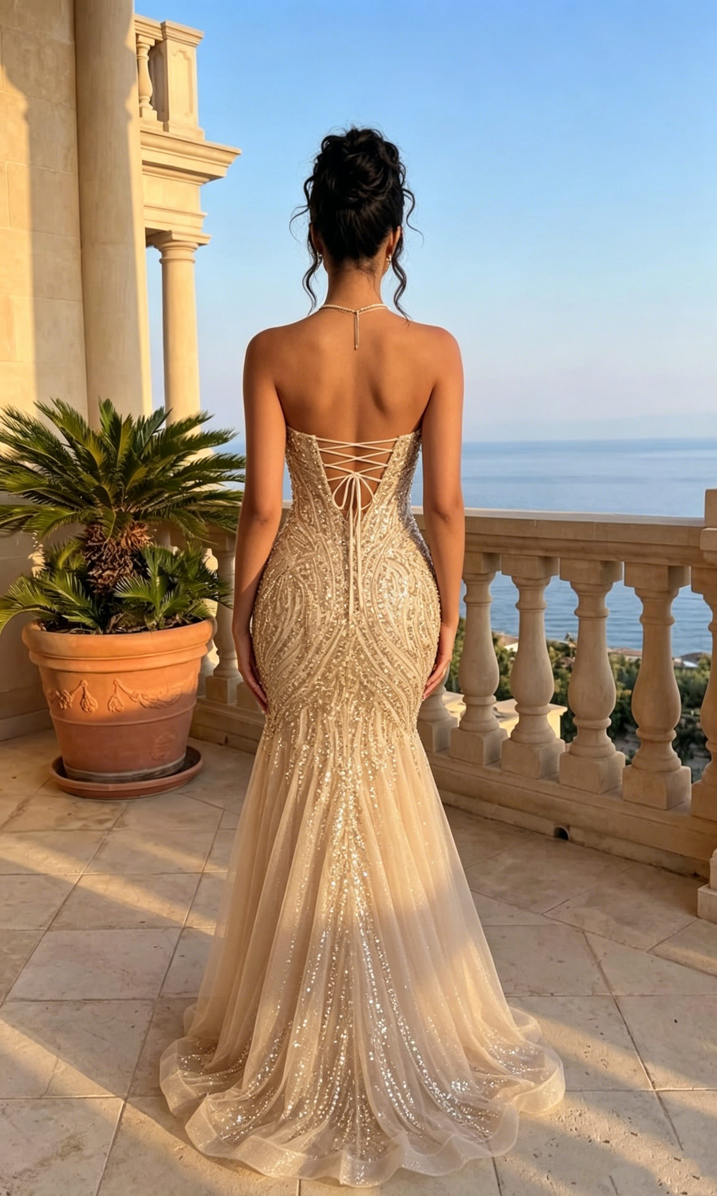 Elegant Champagne Sequin Beaded Sweetheart Mermaid Evening Dress DP8533