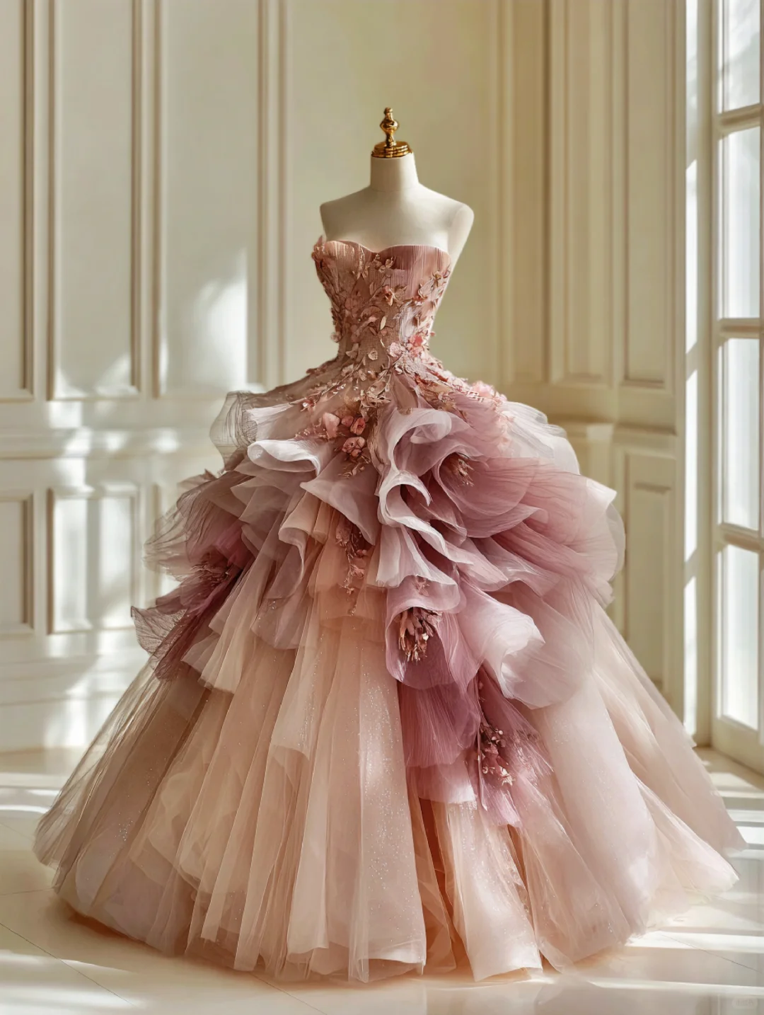 Magnifique robe de bal bustier en tulle à volants et fleurs 3D pour Sweet 15 ou Quinceañera DP7389