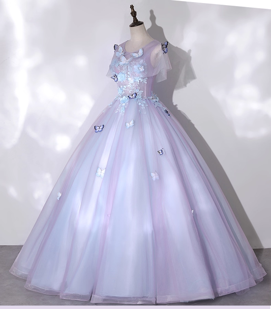 Chic Lilac 3D Butterflies Applique Prom Dress A-Line Evening Gown Short-sleeved Party Dress Tulle Long Formal Dress DP6934