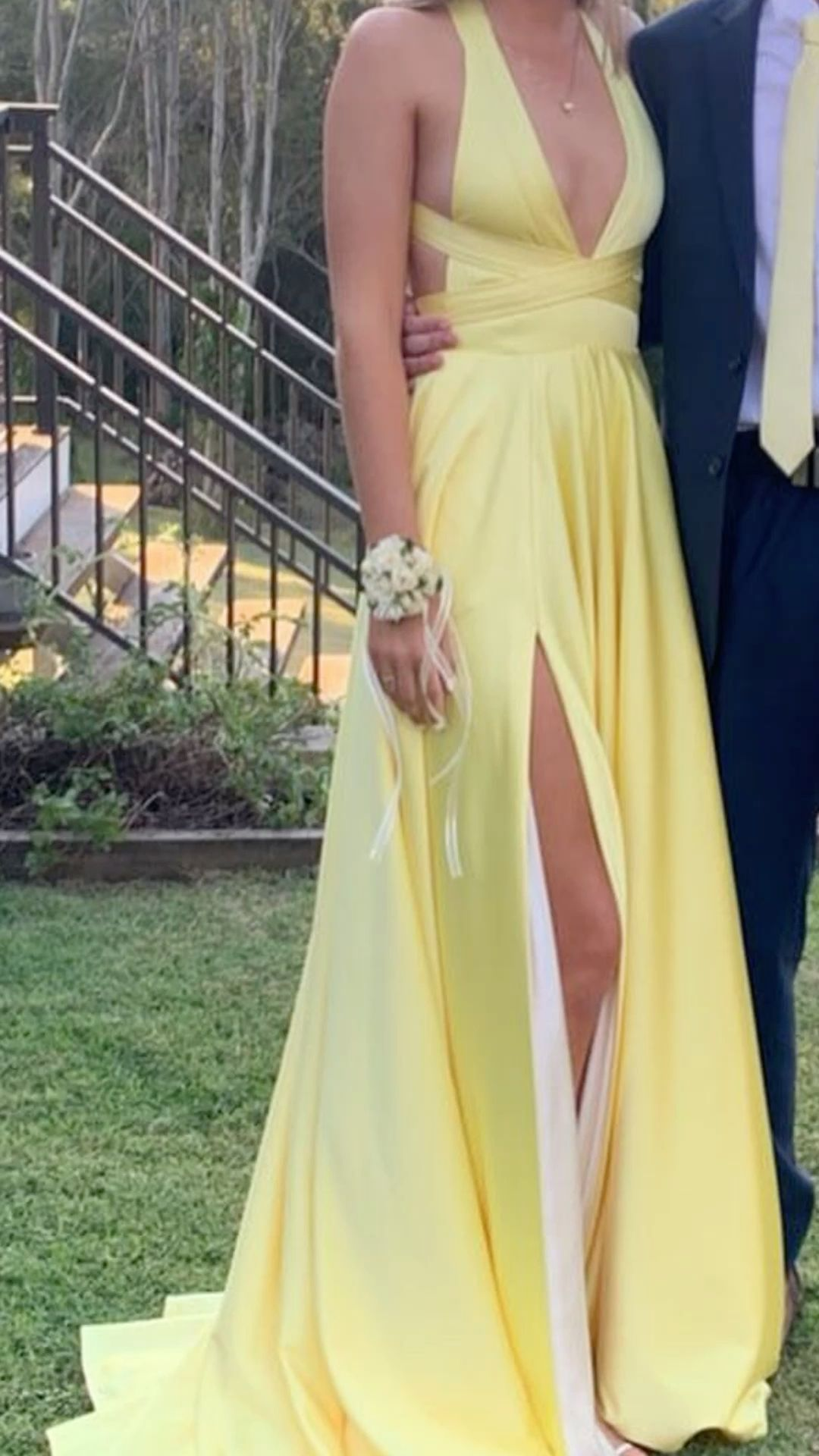 Yellow Deep V Neck A-Line Backless Formal Party Dress with Slit,DP1976