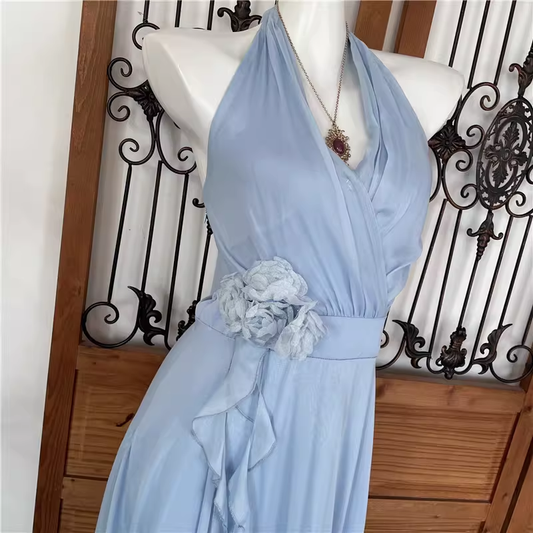 Elegant Light Blue Halter Neck 3D Floral Evening Gown Ruffle Prom Dress DP7967