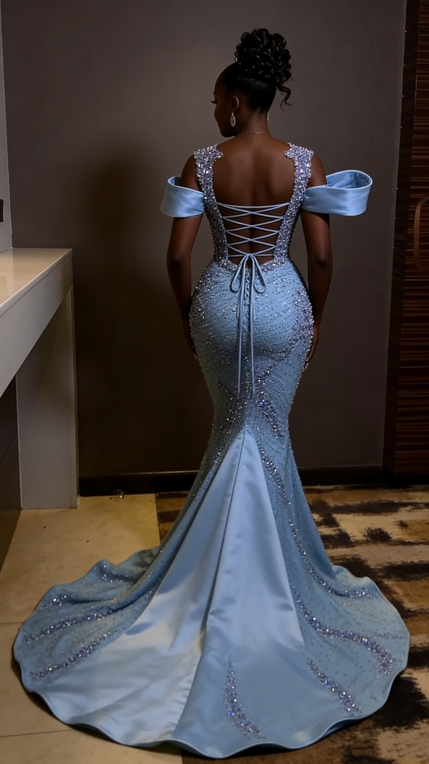 Enchanting Sky Blue Off-the-Shoulder Tiered Tulle Evening Gown Lace Appliques Prom Dress DP8042