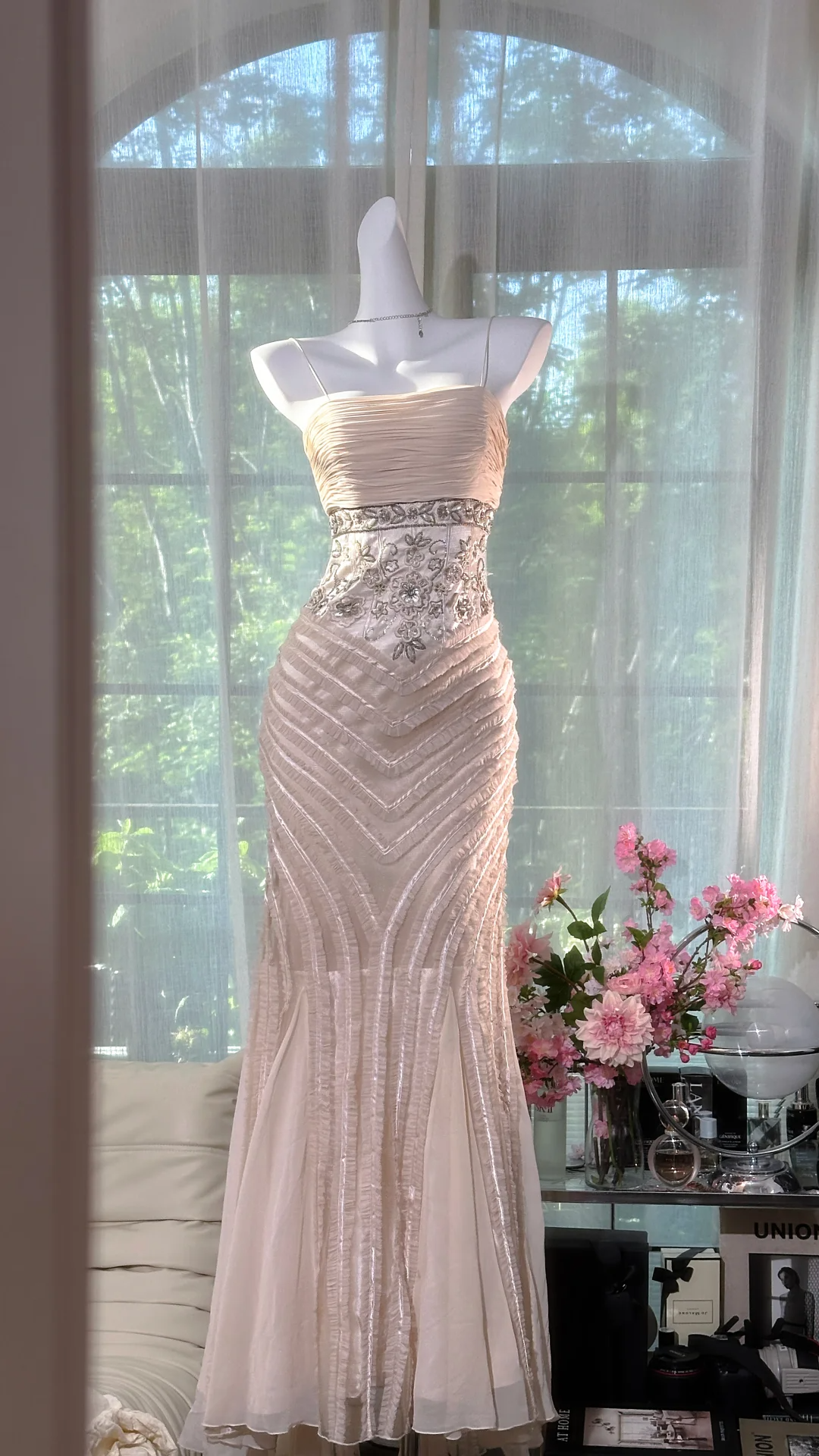 Gorgeous Pink Embroidery Spaghetti Strap Mermaid Chiffon Prom Dress Evening Dress DP6309